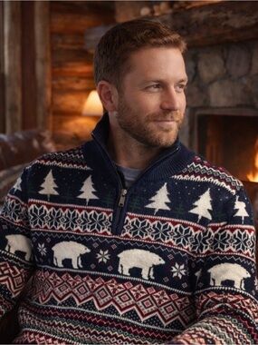 Fair Isle Winter 1/4 Zip Pullover Sweater Navy and White Polar Bear - Aspen